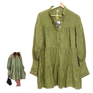 Baby Doll Tiered Dress Long Losse Sleeve A-Line Embroidery Short Dress XS NWT